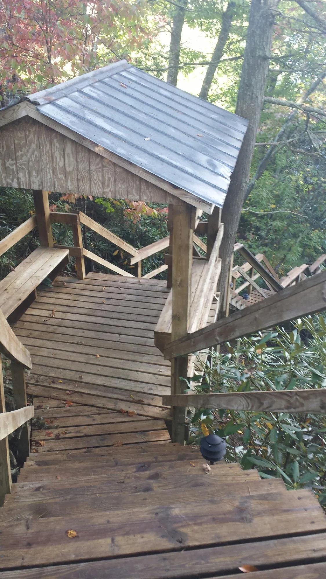 Metal roofed shelter over wooden steps on a wooded walkway — Skylight Repair & Installation work by our crew in Rittman